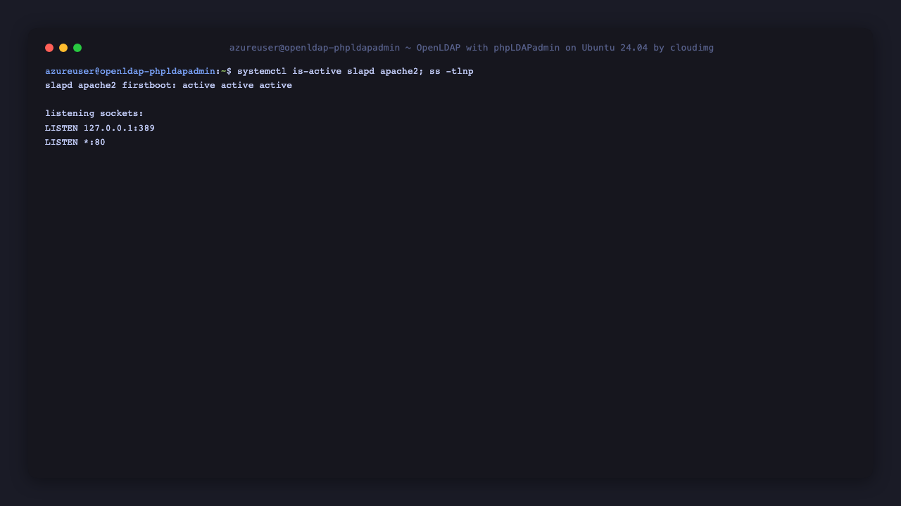 The slapd and apache2 services reported active, with Apache listening on port 80 and slapd bound to loopback 127.0.0.1:389