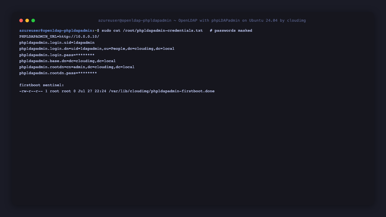 The per VM credentials file shown as root only with mode 0600, and its non secret fields listing the login user ID, the login DN, the base DN, the OpenLDAP manager DN and the instance URL