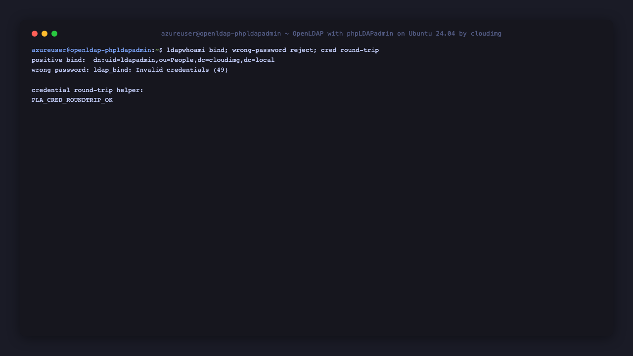 The ldapwhoami bind succeeding with the per VM password, a wrong password being rejected with LDAP result 49, and the round trip check confirming the credential authenticates through the web login