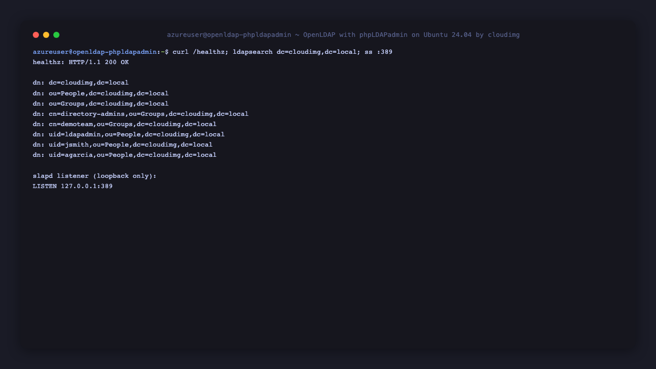 The healthz endpoint returning 200, the ldapsearch listing the People and Groups organisational units and the seeded accounts, and slapd bound to loopback 127.0.0.1:389 only