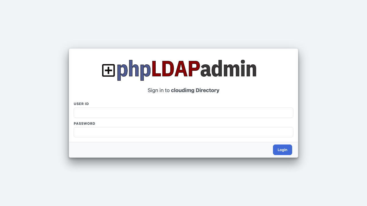 The phpLDAPadmin sign in page showing the User ID and Password fields and the Login button, prompting to sign in to the cloudimg Directory