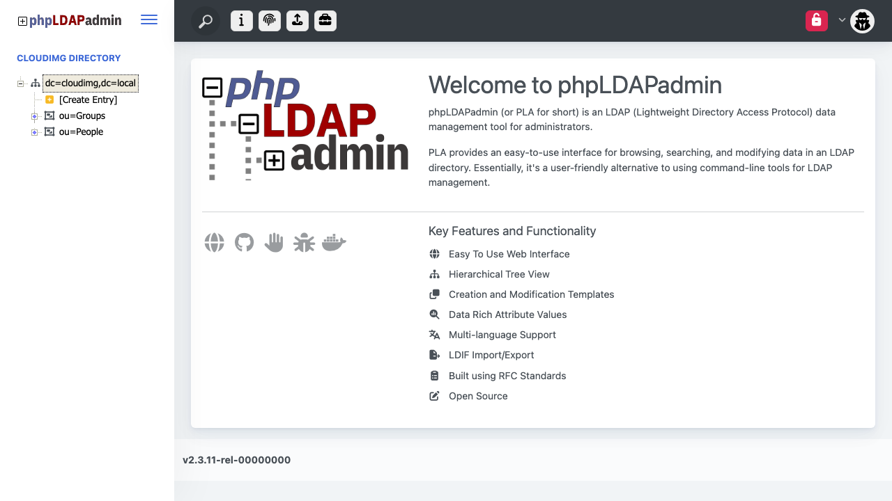 The phpLDAPadmin home page after signing in, showing the OpenLDAP directory tree for dc=cloudimg,dc=local with the ou=People and ou=Groups containers in the navigation panel
