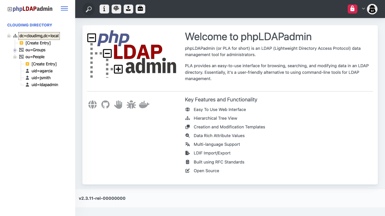 The OpenLDAP directory tree expanded, showing the seeded ou=People and ou=Groups containers and the ldapadmin, jsmith and agarcia accounts under the dc=cloudimg,dc=local base