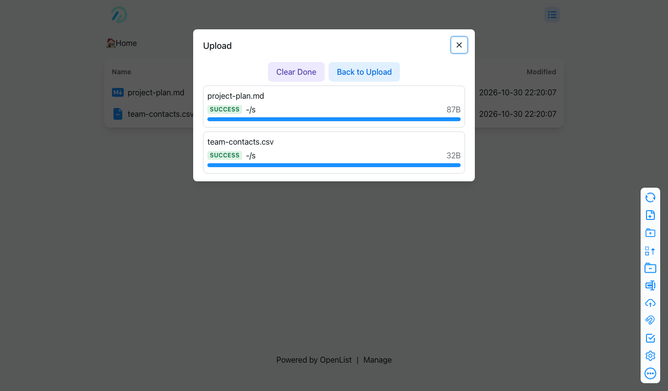 Two files uploaded through the OpenList uploader