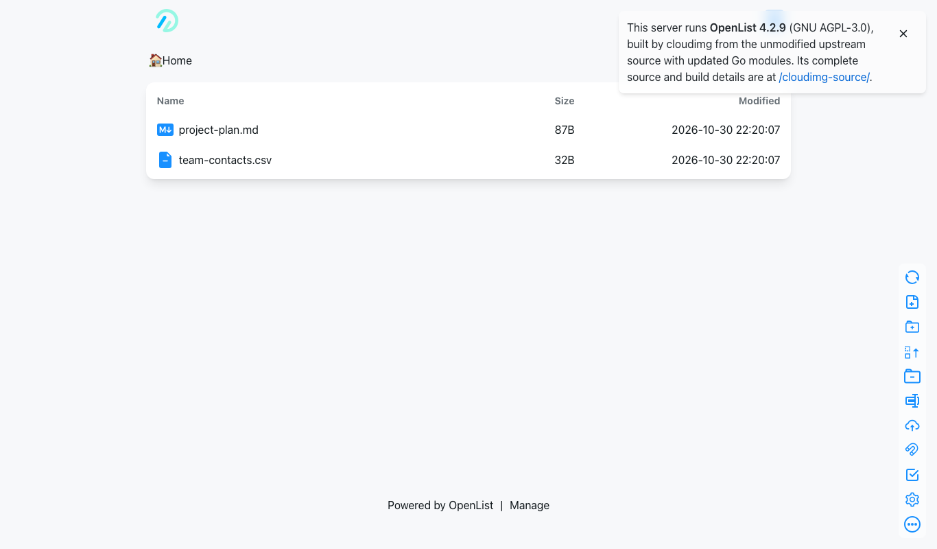 The OpenList root folder with the uploaded files