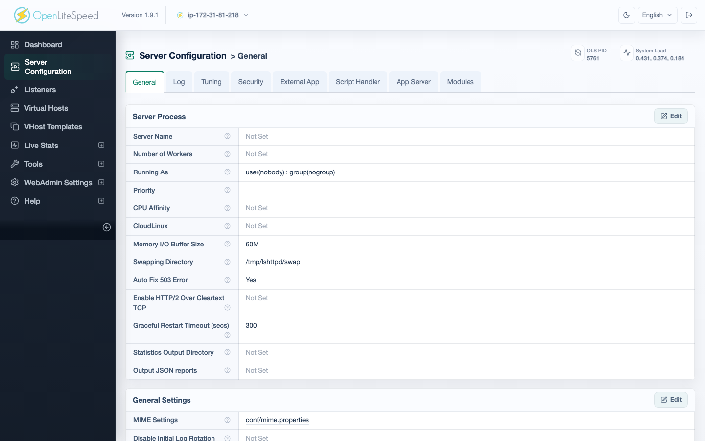 Server Configuration General tab showing server process and general settings