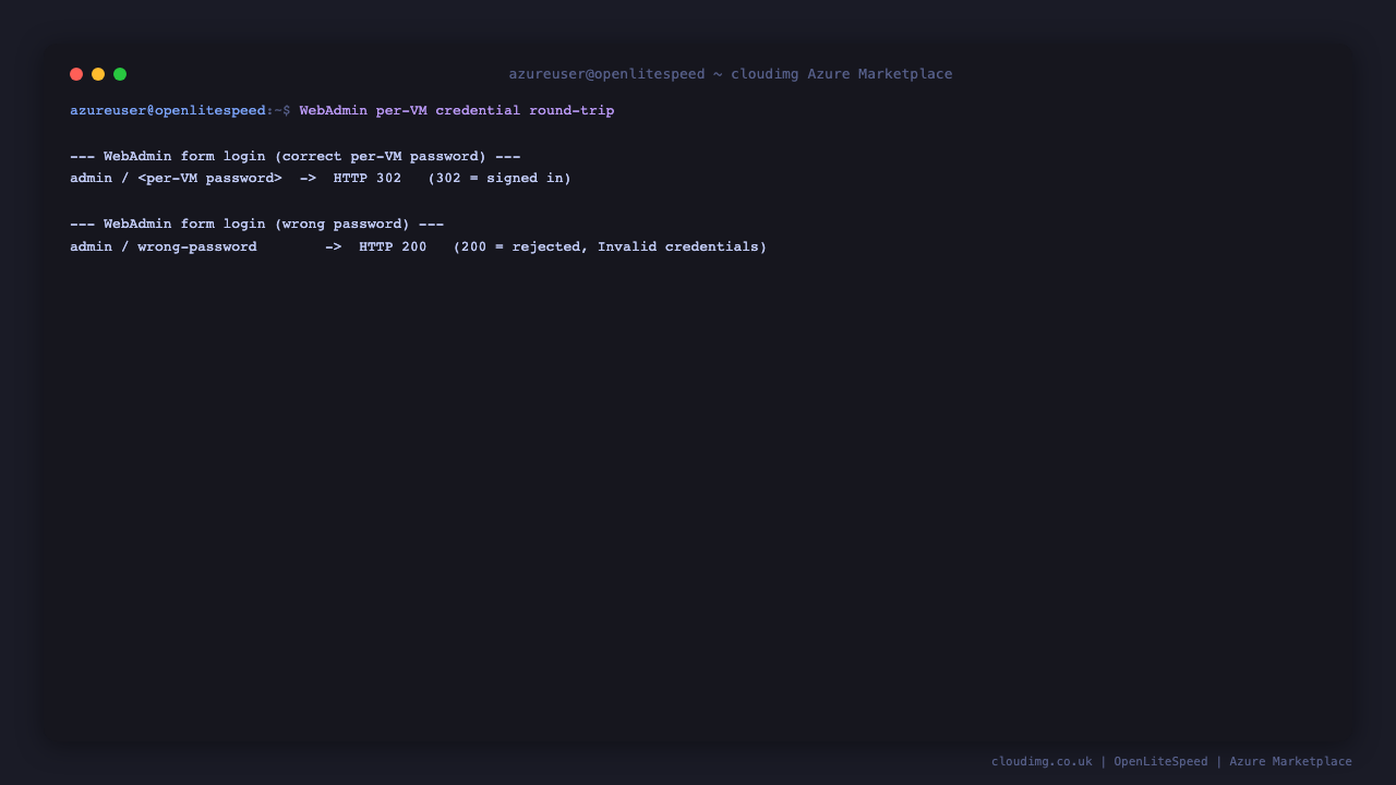 WebAdmin per-VM credential round-trip: the correct password signs in with HTTP 302, a wrong password is rejected