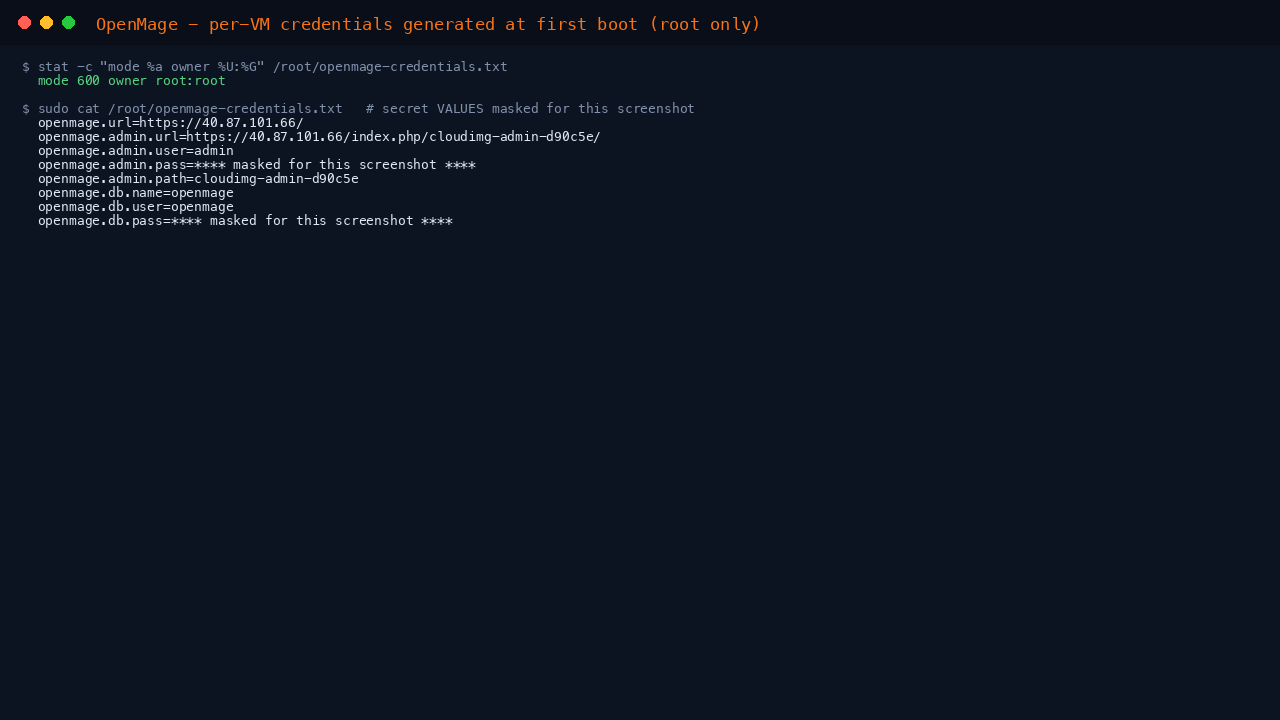 Per-VM credentials file with passwords masked