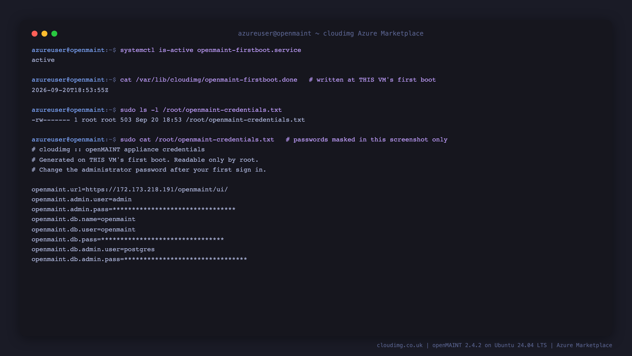 The first-boot service having minted this VM's own credentials into a root-only file, with the passwords masked for this screenshot