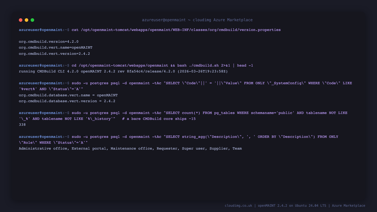 The application reporting its own identity: openMAINT 2.4.2 on CMDBuild core 4.2.0, and the facility data model behind it