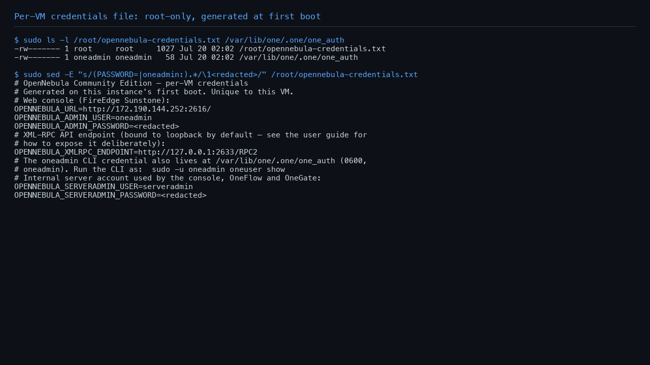 Per-VM credentials file, root only