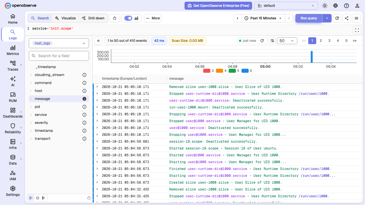 The host_logs stream collected by Vector