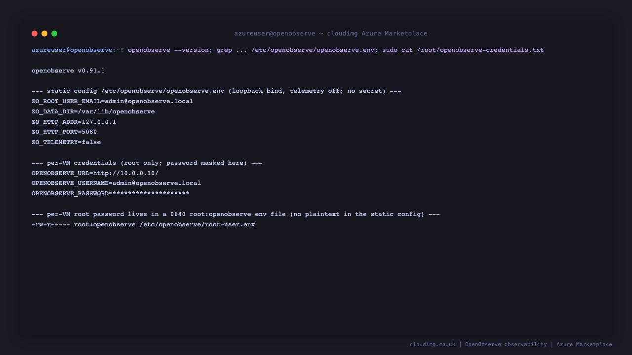 The OpenObserve version, the static configuration binding it to loopback with telemetry disabled, the per-VM credentials file with the generated root password, and the separate 0640 root-user env file that holds the secret