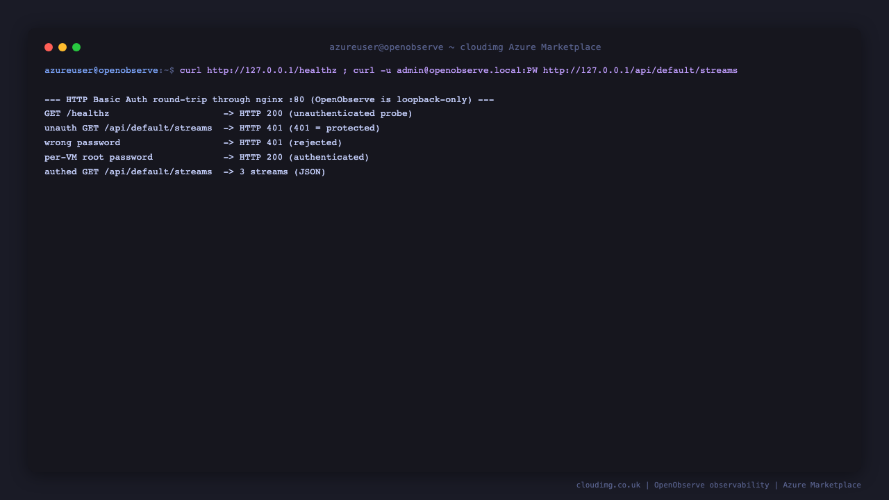 The HTTP Basic Auth round-trip returning 401 unauthenticated, 401 for a wrong password, 200 with the per-VM password, and the authenticated streams API returning the stream list as JSON