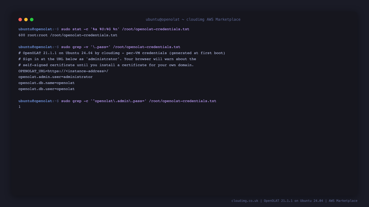 The root-only credentials file written on first boot, shown without its passwords