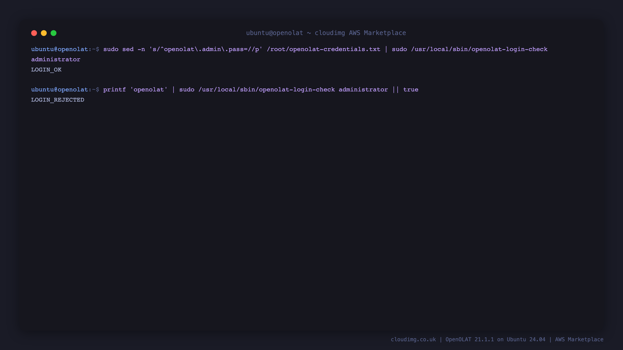 The per-instance administrator password signs in while the published default is rejected