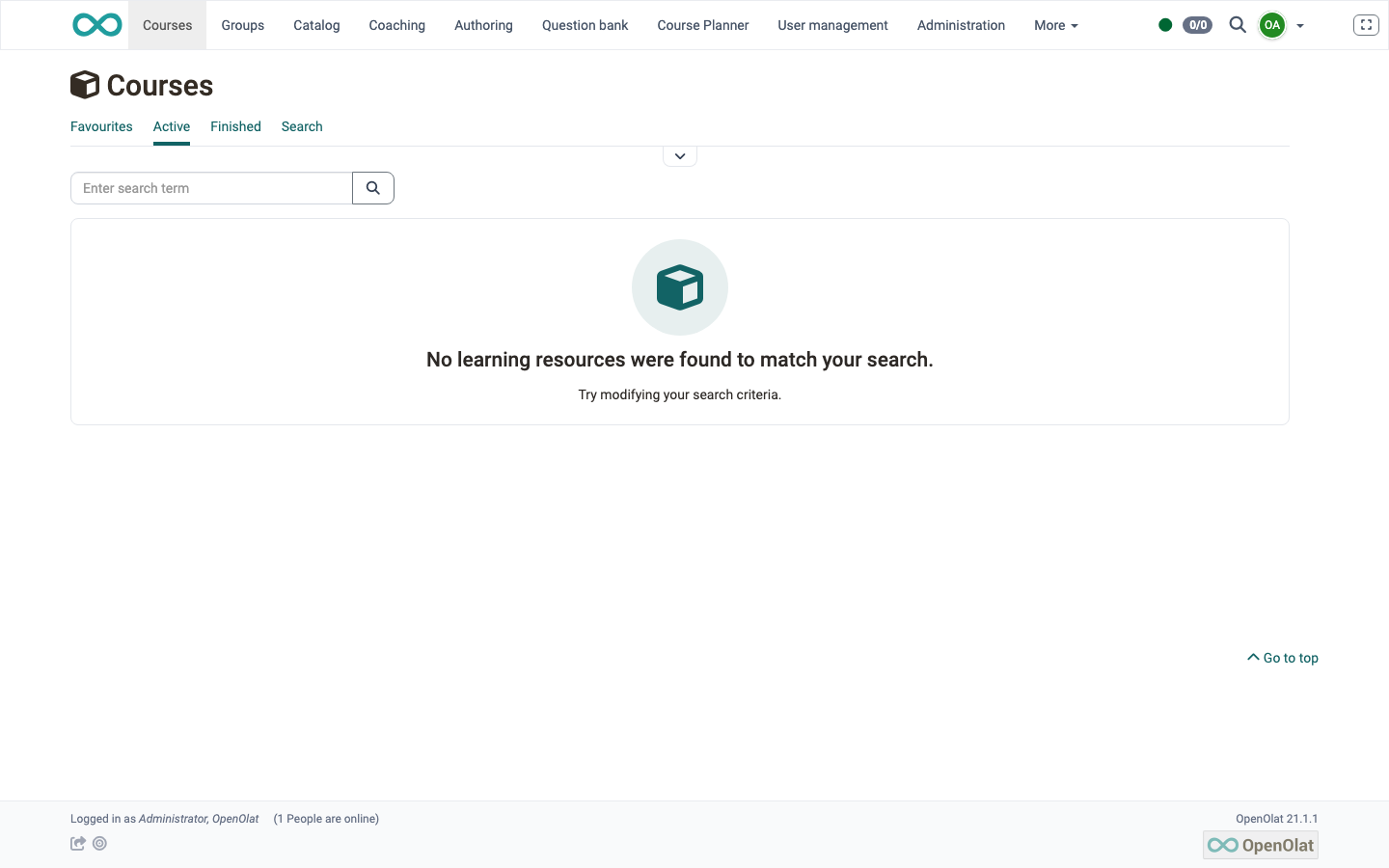 OpenOLAT after signing in as the administrator