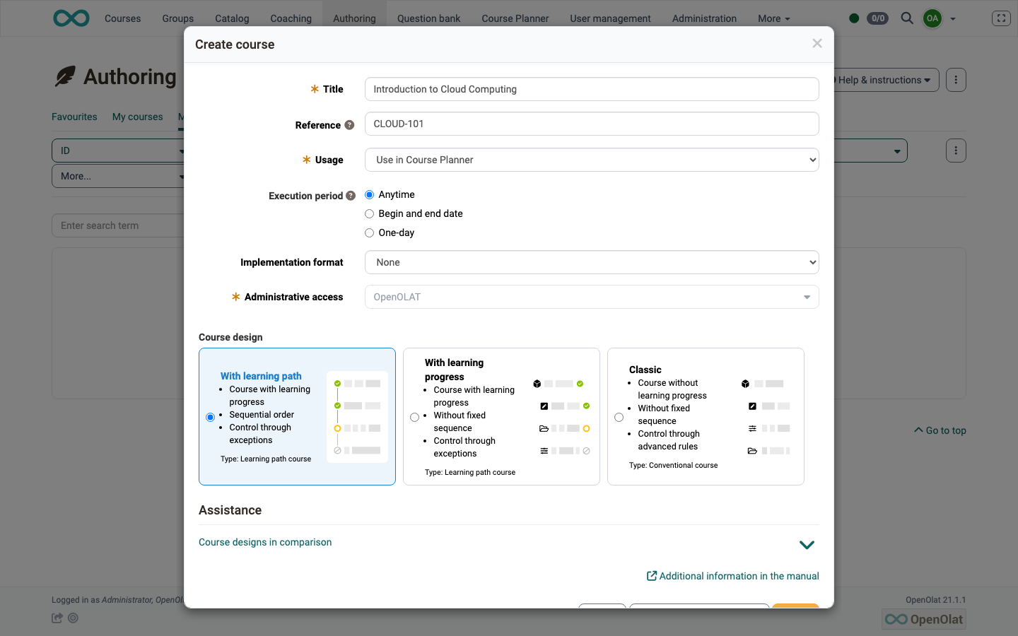 Creating a course from the Authoring area