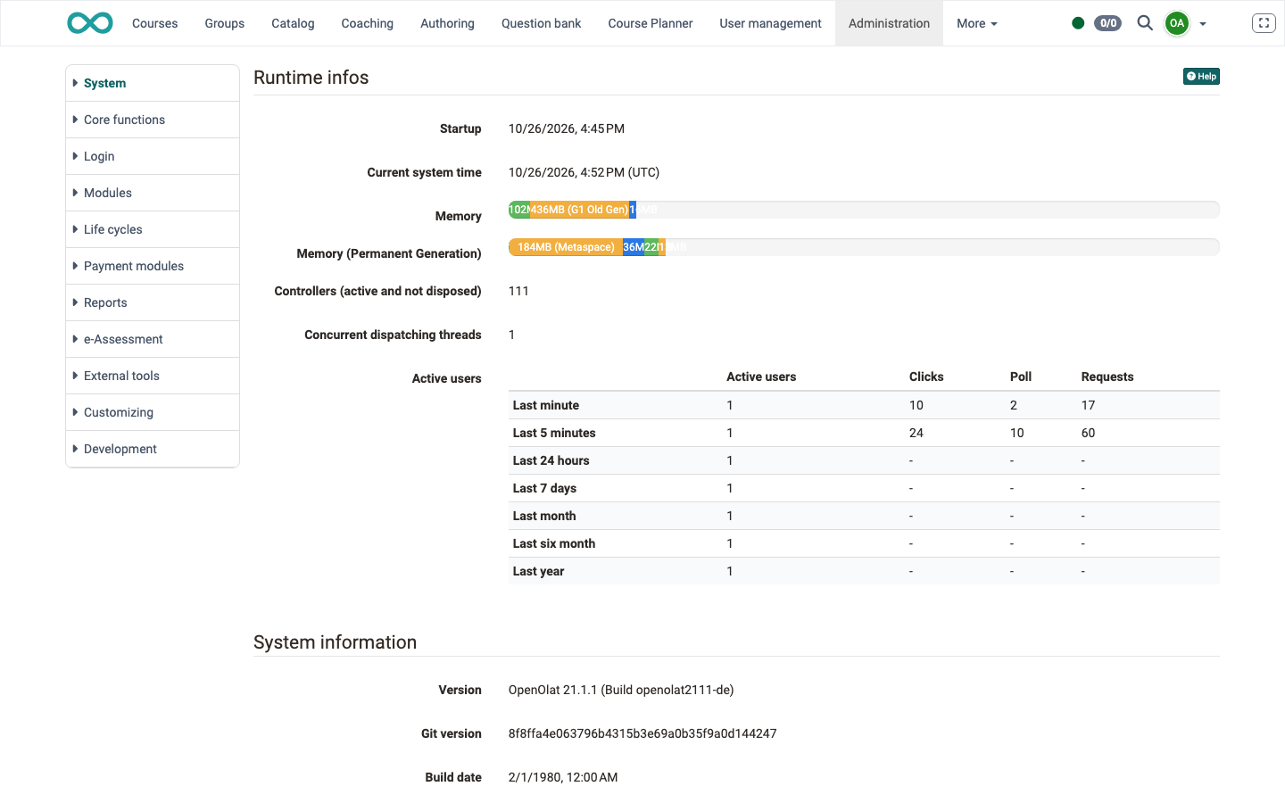 OpenOLAT system administration, showing the 21.1.1 release