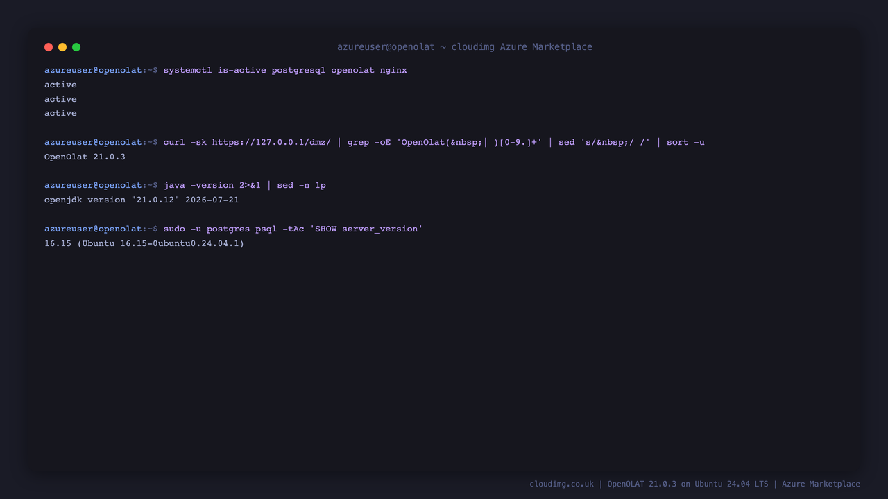 The OpenOLAT services, release, Java runtime and PostgreSQL version on a running VM