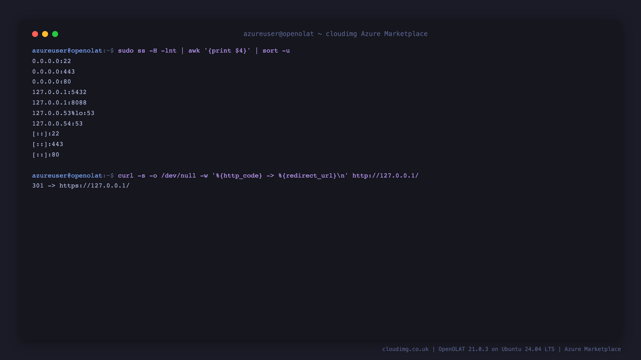 Only ports 22, 80 and 443 listen off the VM, and port 80 redirects to HTTPS