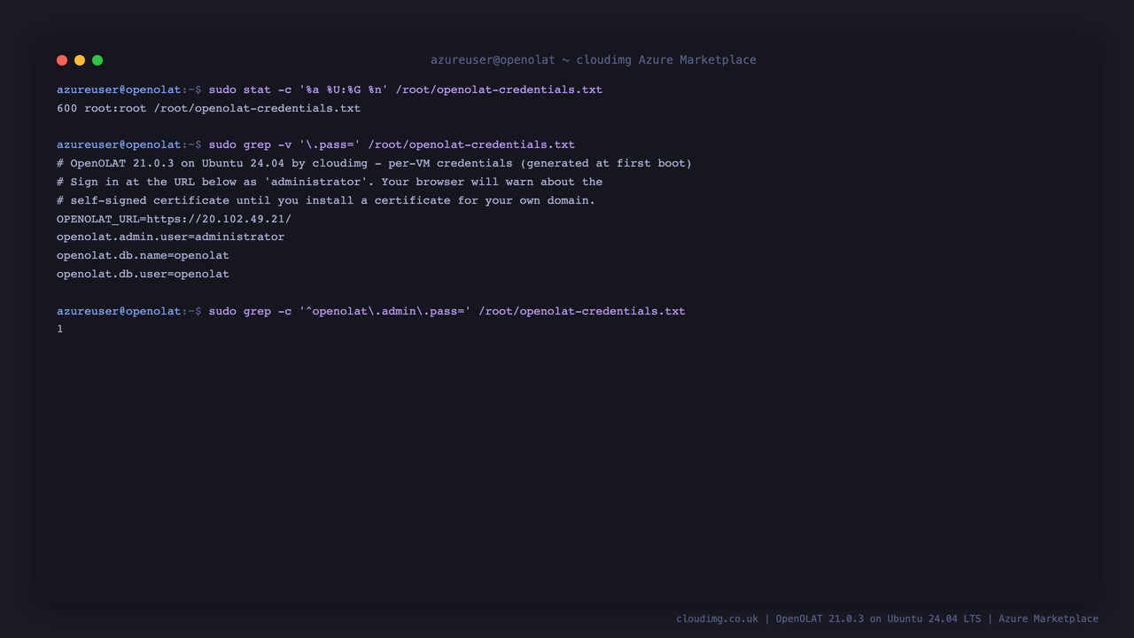 The root-only credentials file written on first boot, shown without its passwords