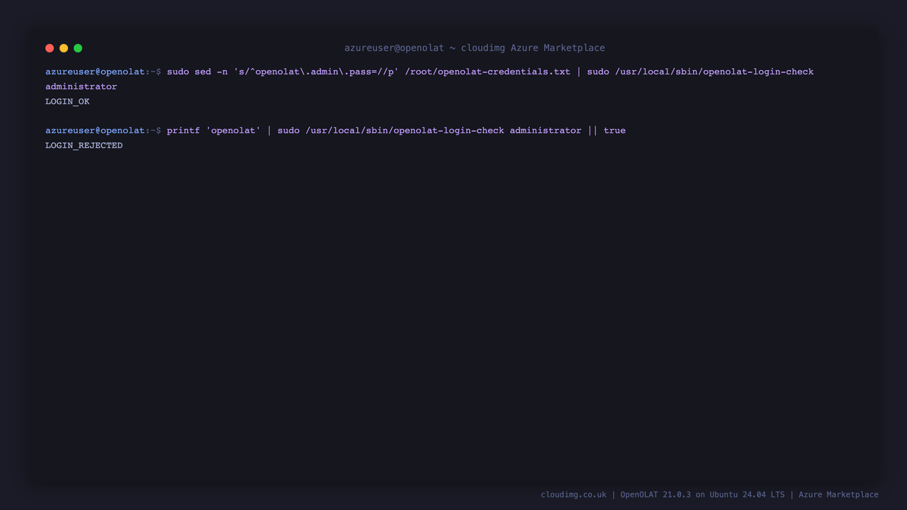 The per-VM administrator password signs in while the published default is rejected