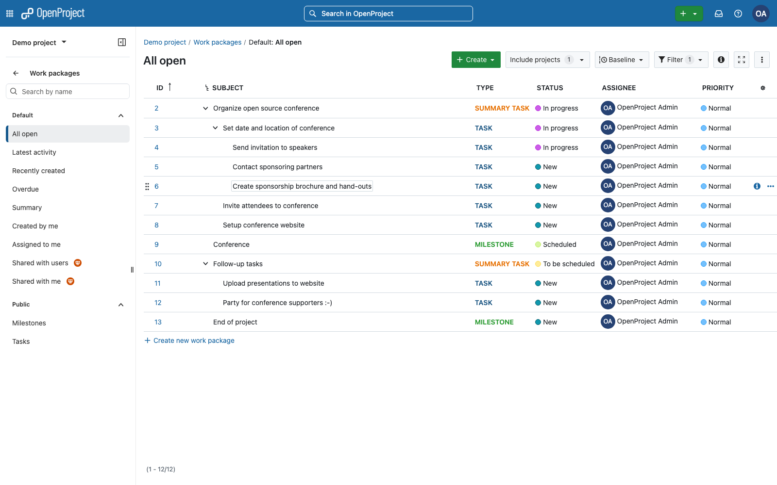 The OpenProject work packages table