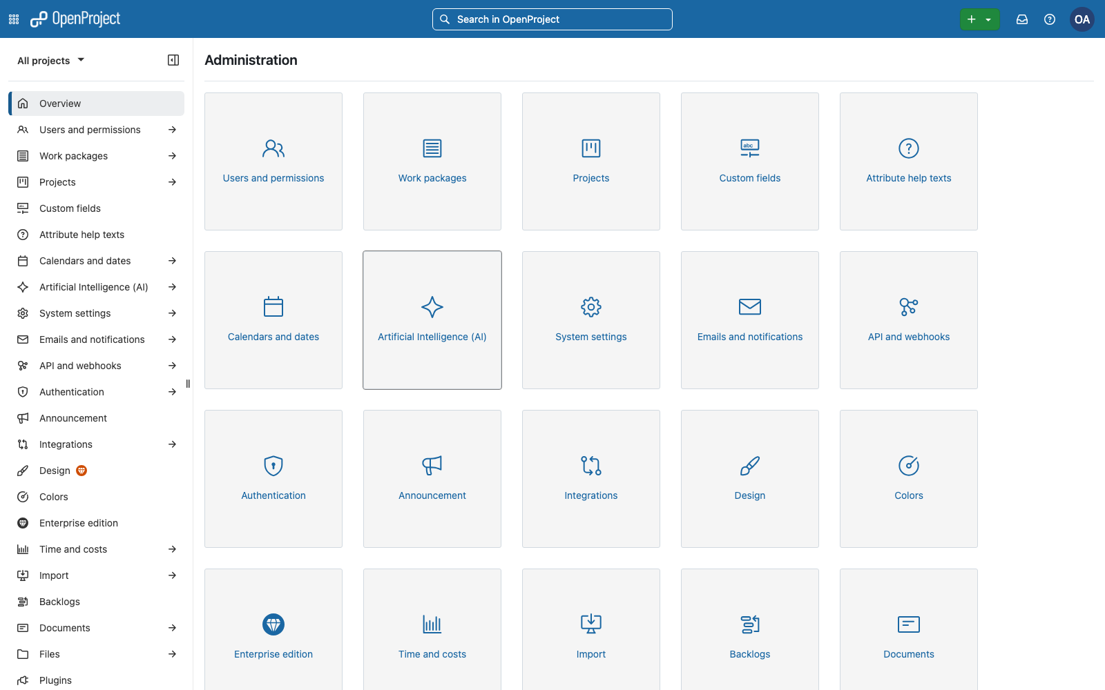 The OpenProject administration panel