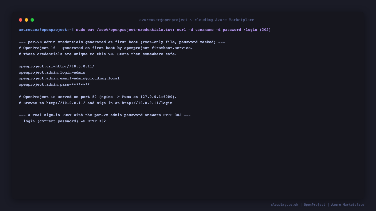 Per-VM OpenProject credentials file