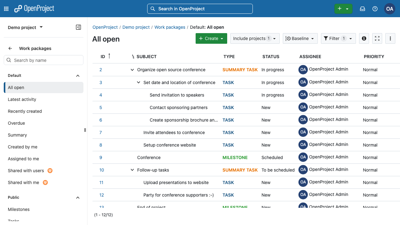 OpenProject work packages list