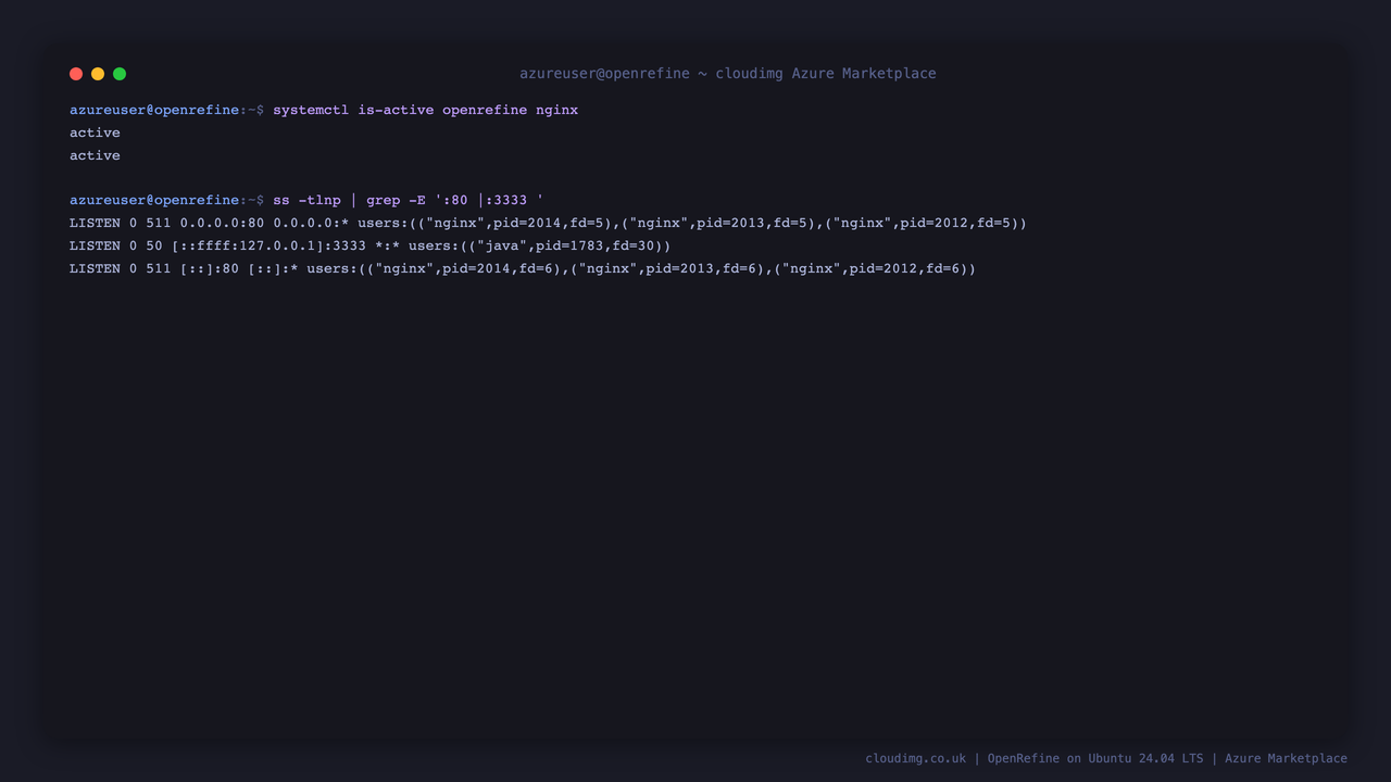 OpenRefine and nginx services reporting active, and the ss listener table showing nginx bound to port 80 and OpenRefine bound to loopback 3333