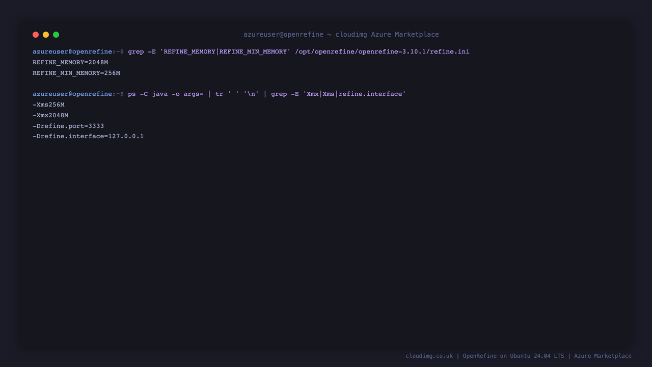 The OpenRefine refine.ini heap settings REFINE_MEMORY 2048M and REFINE_MIN_MEMORY 256M, and the running java process arguments showing Xmx2048M, Xms256M, refine.port 3333 and refine.interface 127.0.0.1