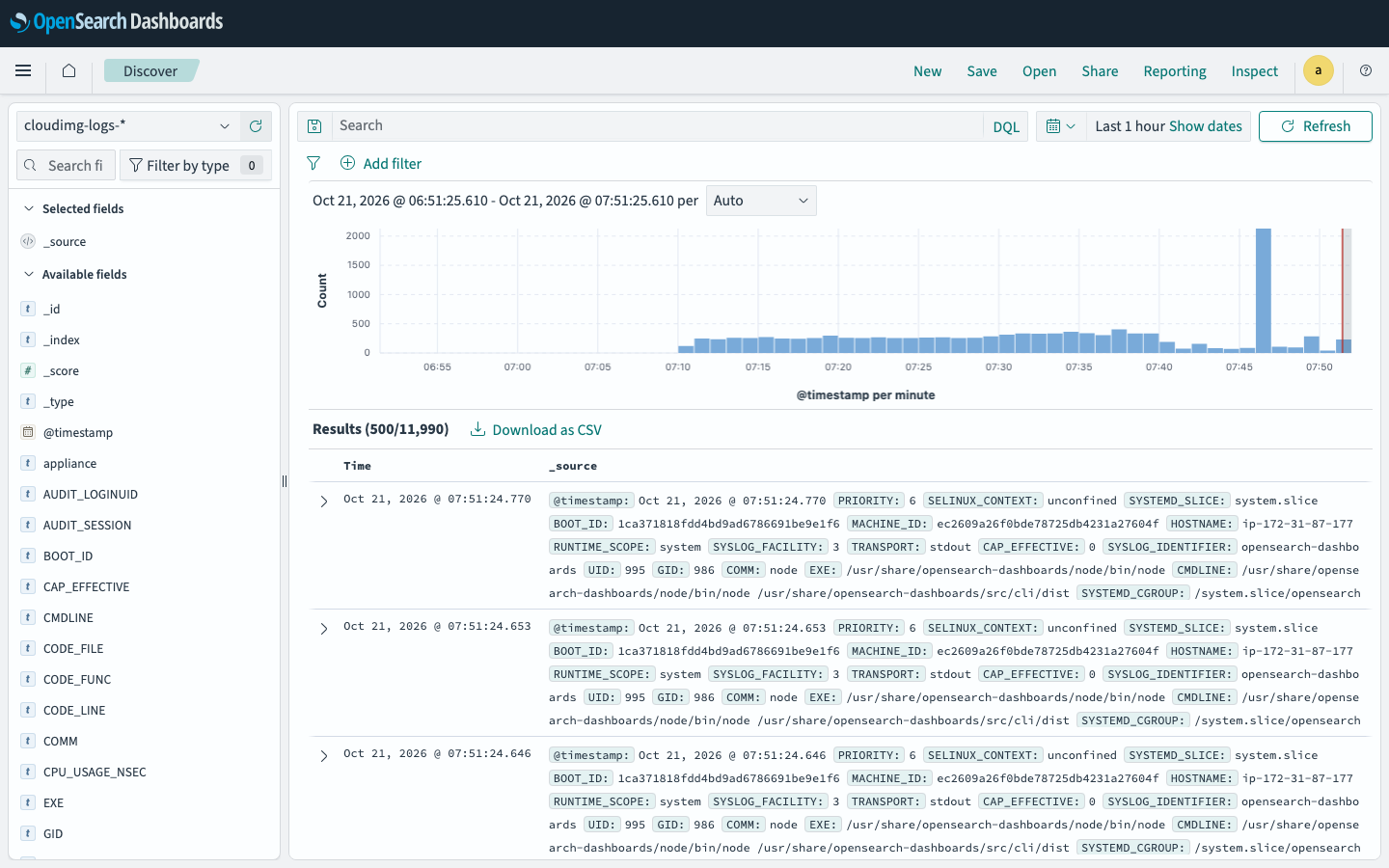 Discover listing the instance's journal records collected by Fluent Bit
