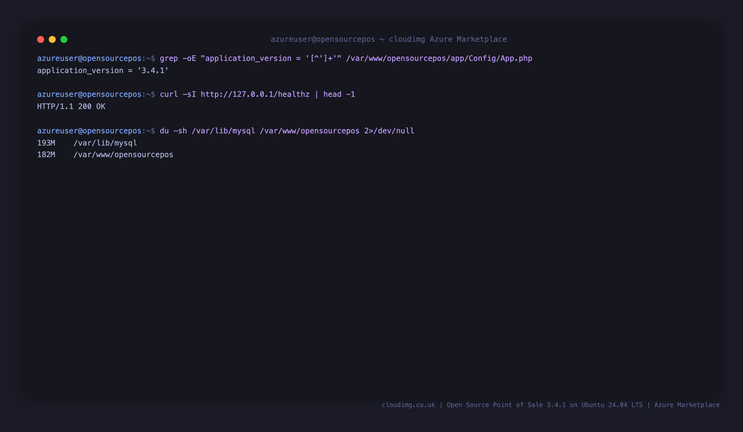 The installed OSPOS version 3.4.1, the healthz endpoint returning 200, and the disk usage of the MariaDB database and the OSPOS application directory