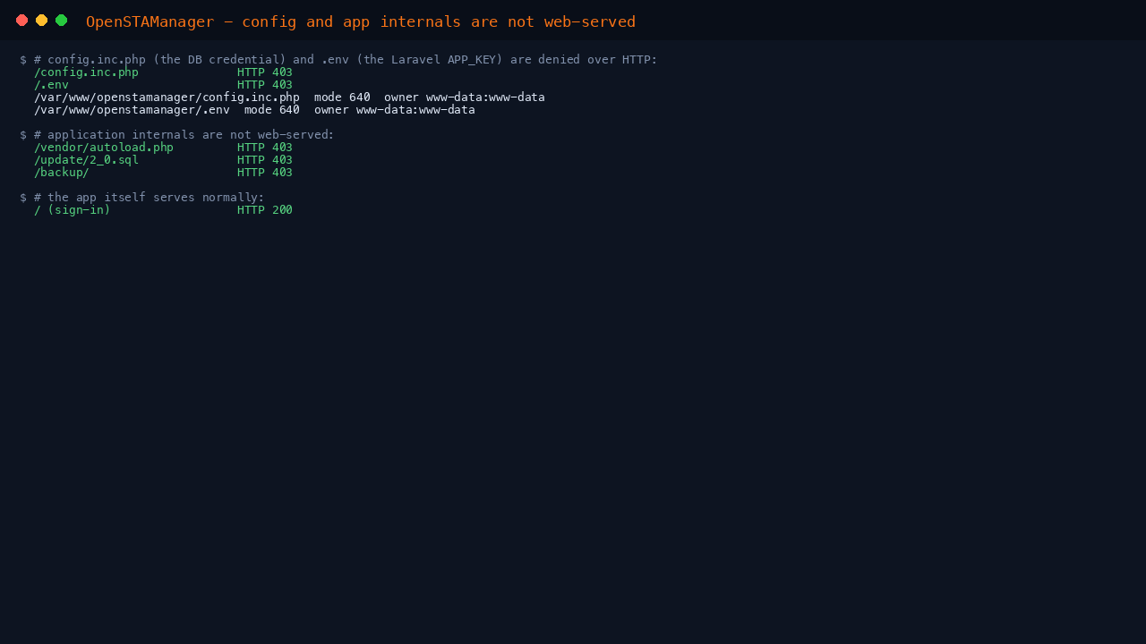 OpenSTAManager configuration and internals are not web-served