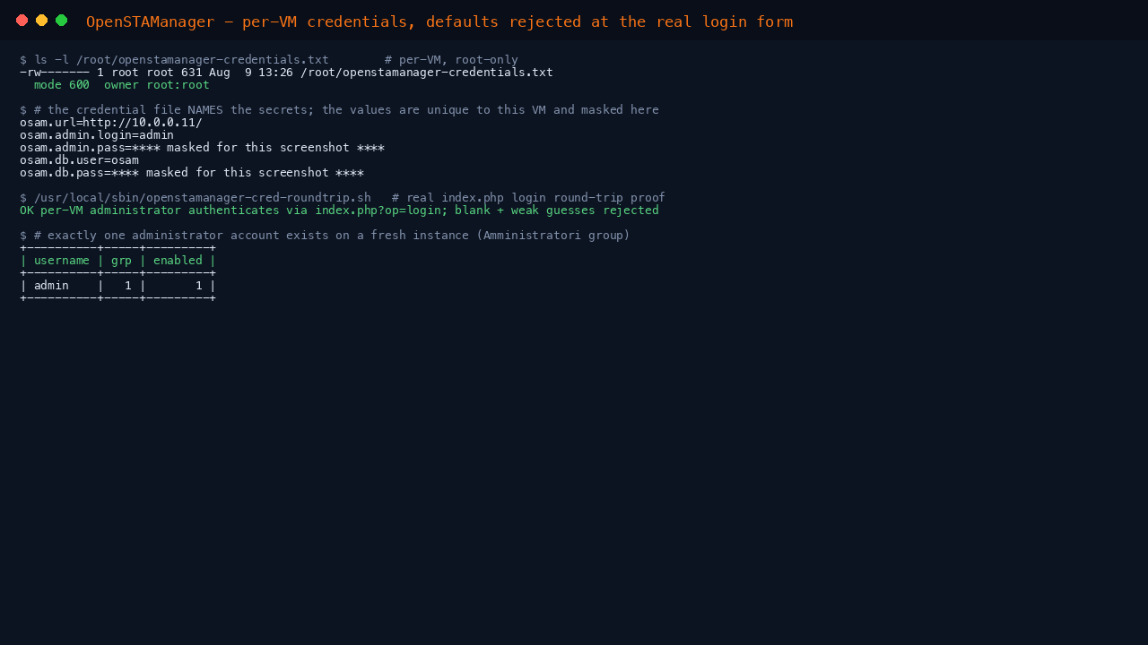 OpenSTAManager per-VM credentials and login round-trip proof
