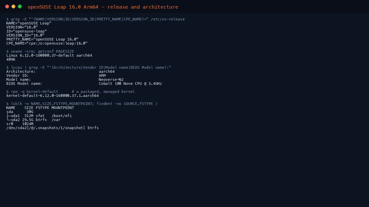 The terminal shows the os-release fields NAME openSUSE Leap, VERSION 16.0, ID opensuse-leap, VERSION_ID 16.0, PRETTY_NAME openSUSE Leap 16.0 and CPE_NAME cpe o opensuse leap 16.0, uname reporting the Linux 6.12.0 default kernel on aarch64 with a 4096 byte page size, lscpu reporting an ARM Neoverse-N2 Azure Cobalt 100 processor, a single installed kernel-default package, and the flat disk layout with a 512 MB EFI partition and a 29.5 GB btrfs root