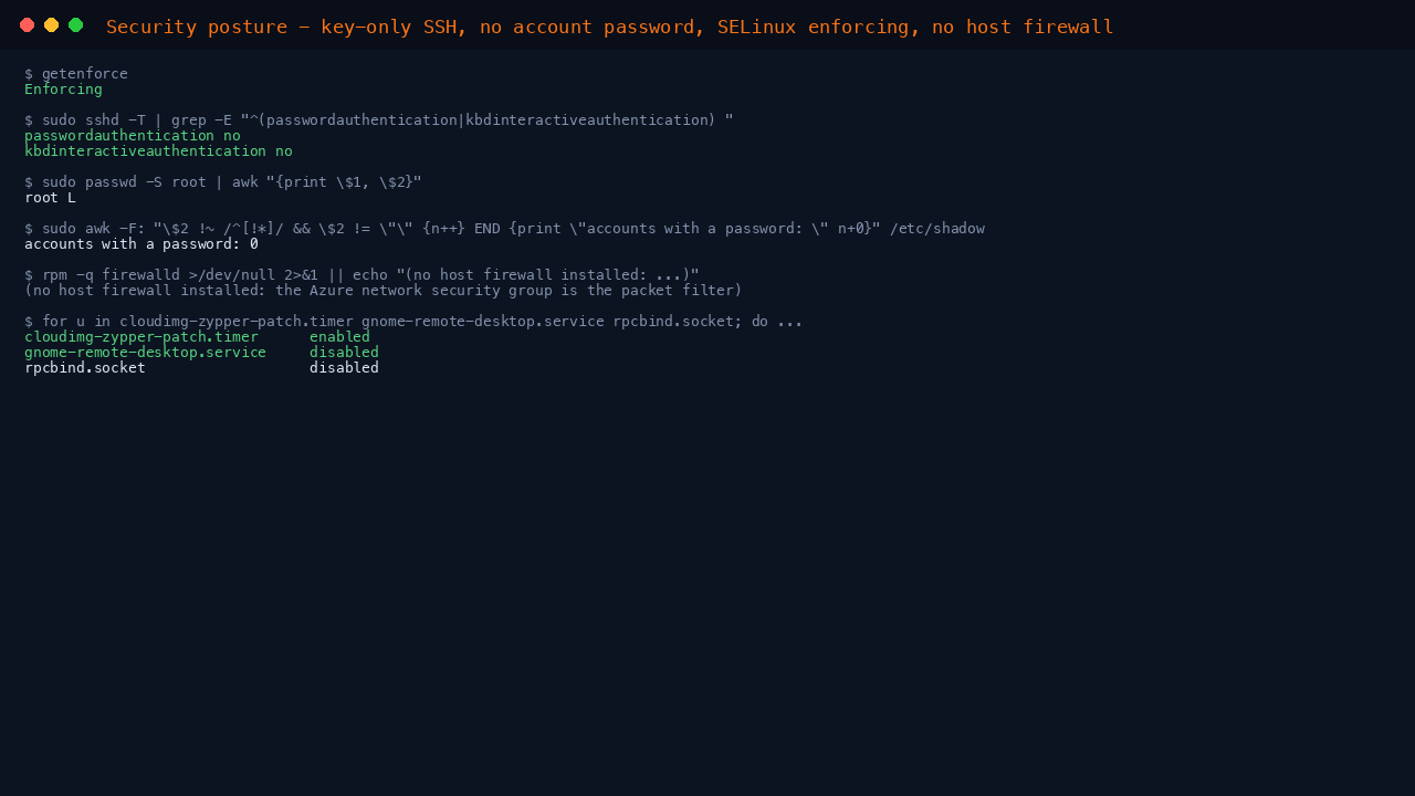 The terminal shows SELinux reported Enforcing, the effective sshd policy with password authentication off, the root account locked, zero accounts carrying a password, no host firewall installed, and the remote desktop service switched off