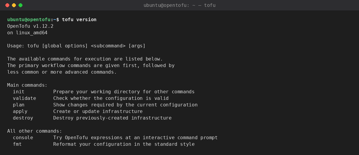 The preinstalled tofu command line reporting the OpenTofu version and the workflow subcommands
