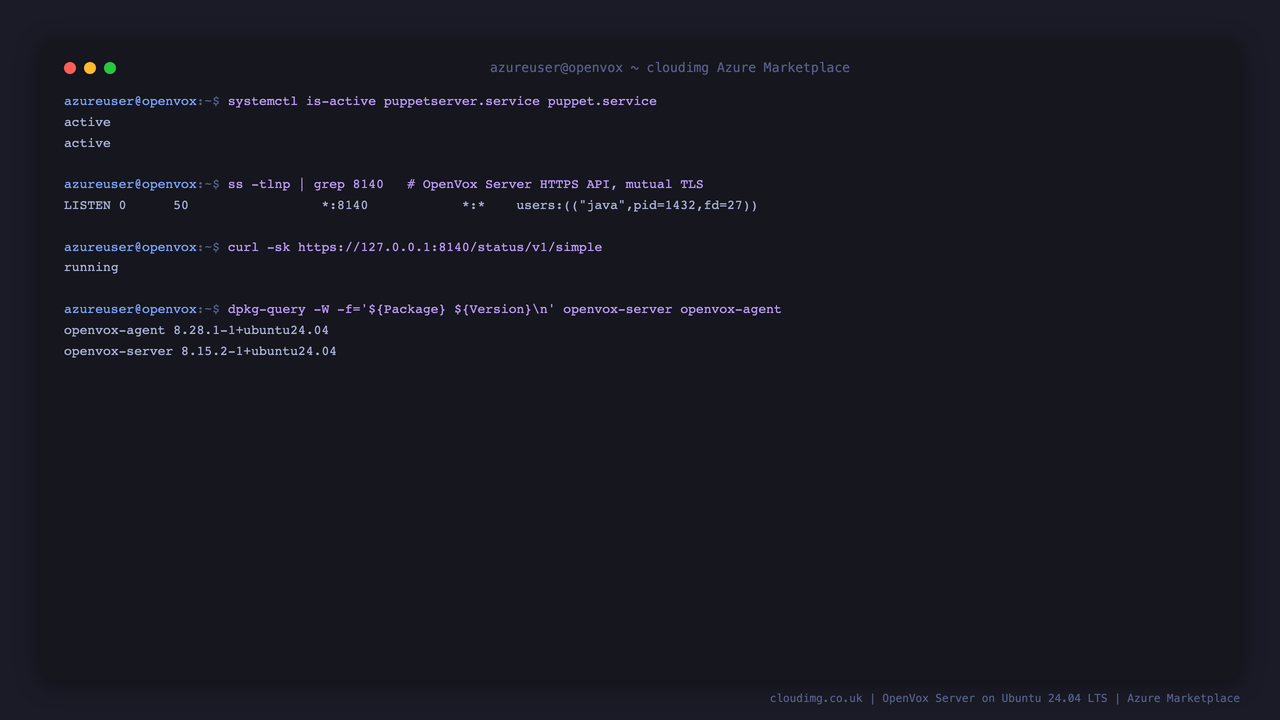 OpenVox Server and the OpenVox Agent both report active, the Java process holds port 8140 on all interfaces, the simple status endpoint returns running, and the installed OpenVox Server and Agent package versions are shown