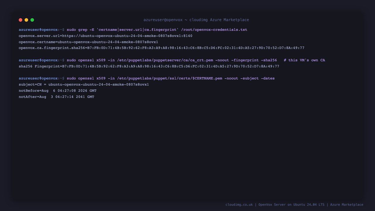 the credentials file lists this instance certname server URL and CA fingerprint, the fingerprint read directly from the CA certificate on disk matches it exactly, and the host certificate subject and subject alternative names are issued for this VM own name