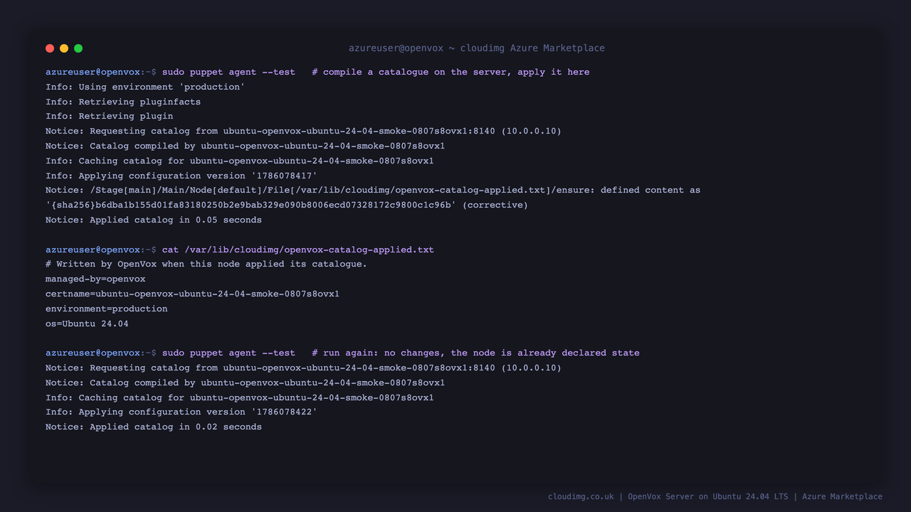 an openvox agent run requests a catalogue, the server compiles it, the agent applies it and writes the receipt file, and a second run of the same command reports applied catalog with no resource changes at all, demonstrating idempotence