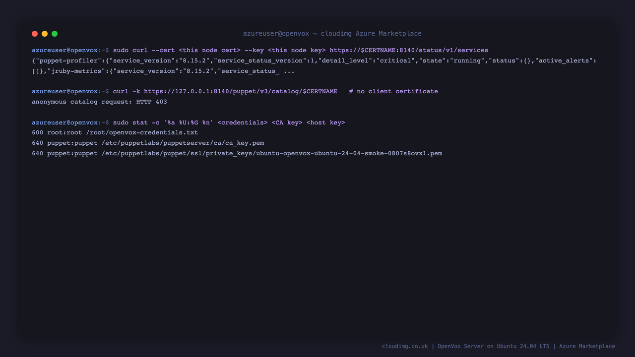 an authenticated request presenting this VM own client certificate returns the server status as JSON, an anonymous catalogue request is refused with HTTP 403, and the credentials file CA private key and host private key all carry restrictive ownership and permissions