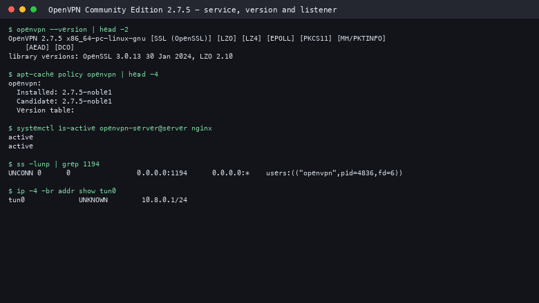 OpenVPN Community Edition 2.7.5 running under systemd, installed from the upstream repository, listening on UDP 1194 with the tunnel interface tun0 holding 10.8.0.1