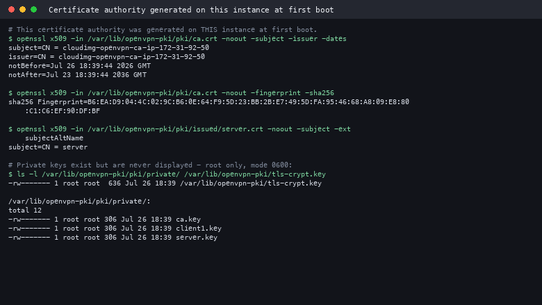 The certificate authority generated on this instance at first boot, with its own subject and SHA-256 fingerprint, and the private keys present at mode 0600 root-only without their contents being shown