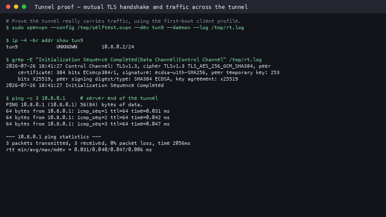 A client connecting with the first-boot profile: TLS 1.3 control channel, a tunnel address of 10.8.0.2, initialization sequence completed, and three ICMP replies from the server at 10.8.0.1 with zero packet loss