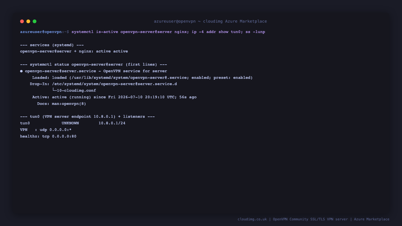 The openvpn-server@server and nginx services both active under systemd, the systemctl status showing the service loaded with the cloudimg drop in and running, the tun0 interface holding the VPN server endpoint 10.8.0.1/24, and the listener table showing the VPN on UDP port 1194 and the nginx health endpoint on TCP port 80