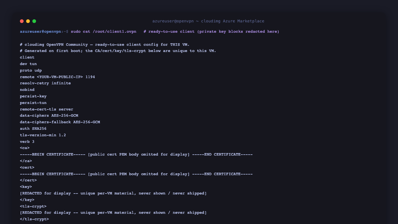 The generated client1.ovpn inline client configuration with the client directives, the UDP remote pointing at the VM public IP on port 1194, remote-cert-tls server, data-ciphers AES-256-GCM, and the inline certificate blocks, with the private key block and the tls-crypt block redacted for display because they are unique per VM material that is never shown and never shipped