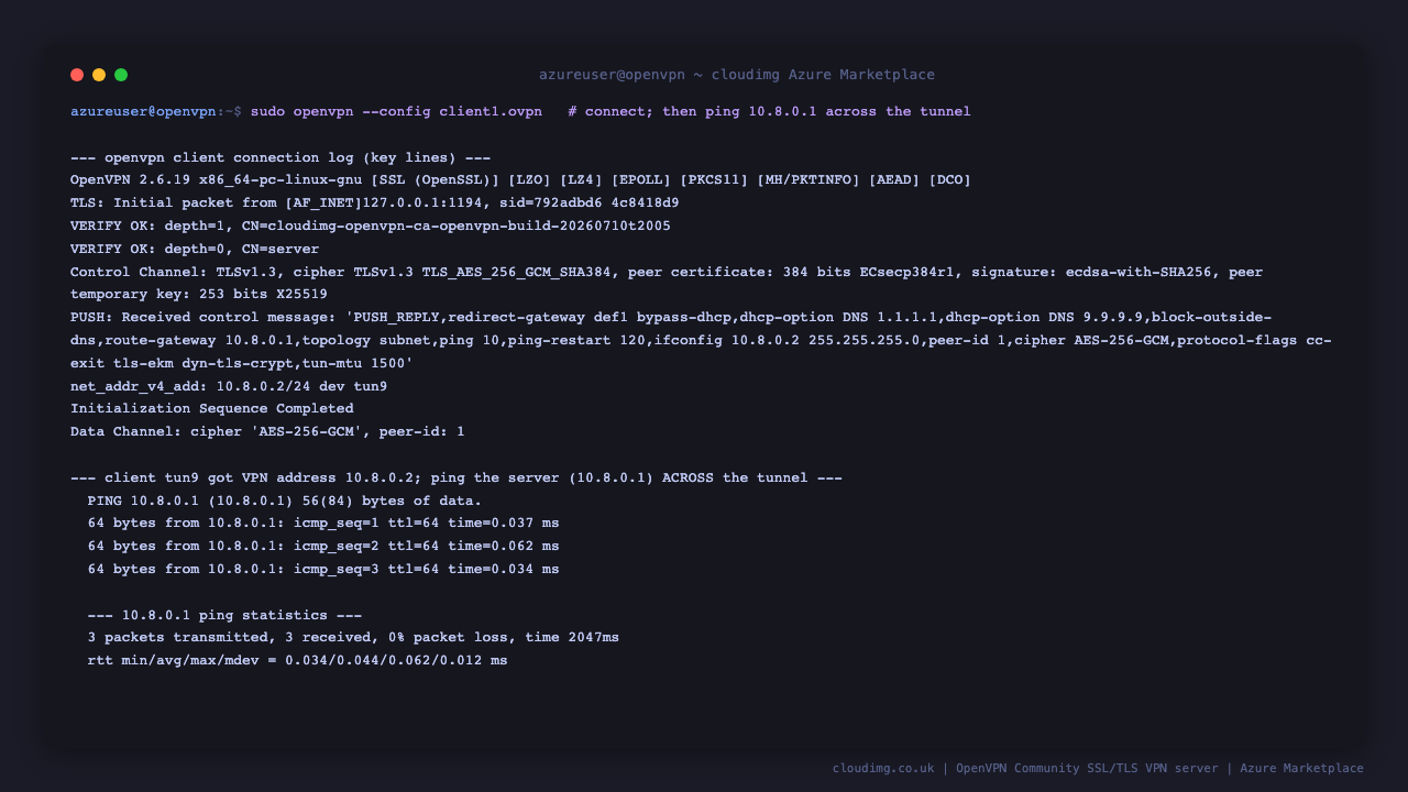 A real OpenVPN client connection log showing OpenVPN 2.6.19, the TLS 1.3 control channel negotiated with an elliptic curve secp384r1 peer certificate, VERIFY OK for the server certificate, the pushed configuration including redirect-gateway and DNS, the client receiving the address 10.8.0.2 on tun9, Initialization Sequence Completed, the AES-256-GCM data channel, and three successful pings to the server 10.8.0.1 across the tunnel with zero packet loss